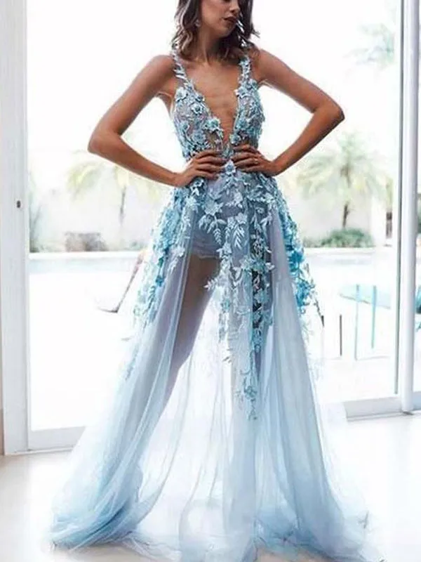 A-line Blue Tulle Fashion Long Modest Prom Dresses with Appliques PD1963