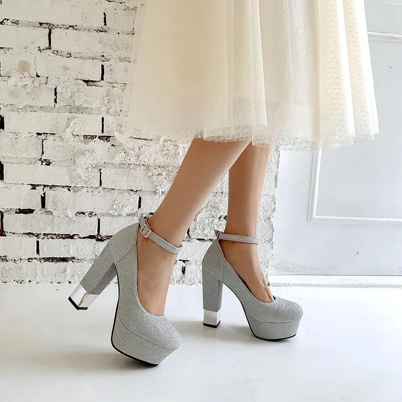 Ankle Straps Glitter High Heels Platform Chunky Pumps Bride Shoes Woman