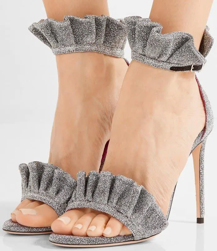 'Antoinette' Ruffle-Trimmed Textured-Lam̩ Sandals, Metallic Silver