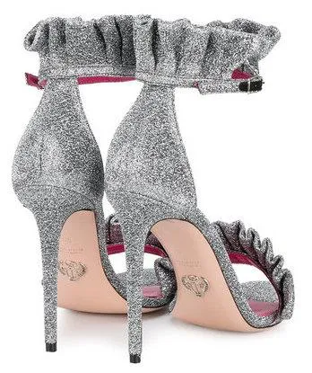 'Antoinette' Ruffle-Trimmed Textured-Lam̩ Sandals, Metallic Silver