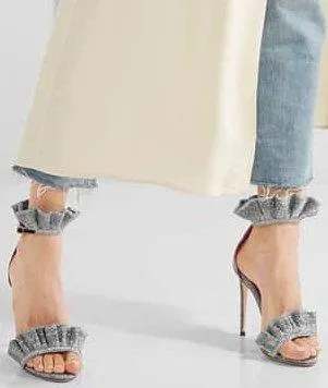 'Antoinette' Ruffle-Trimmed Textured-Lam̩ Sandals, Metallic Silver