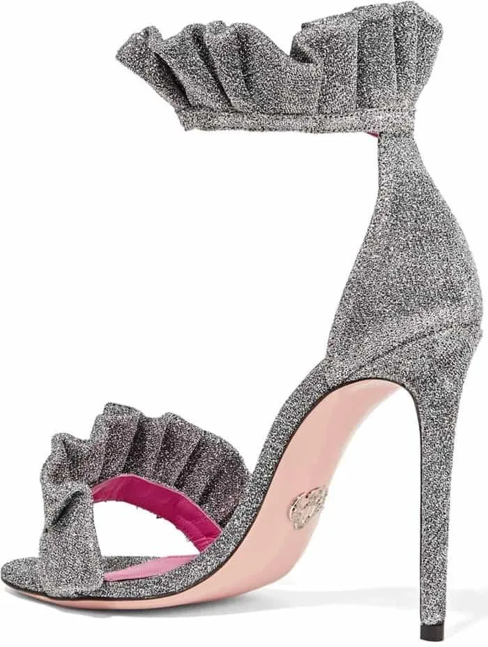 'Antoinette' Ruffle-Trimmed Textured-Lam̩ Sandals, Metallic Silver