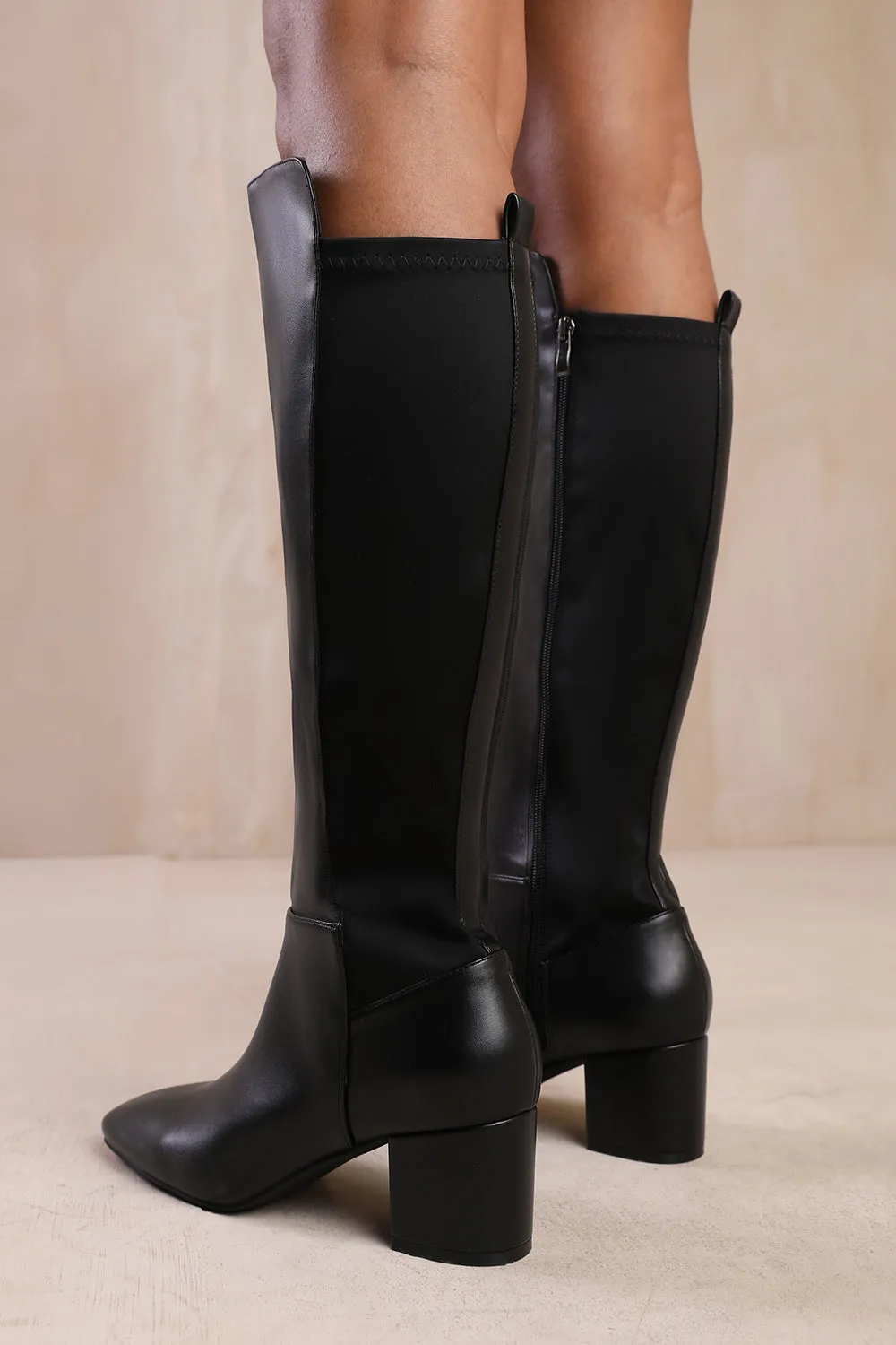 BEAU BLOCK HEEL KNEE HIGH BOOTS WITH SIDE ZIP IN BLACK FAUX LEATHER