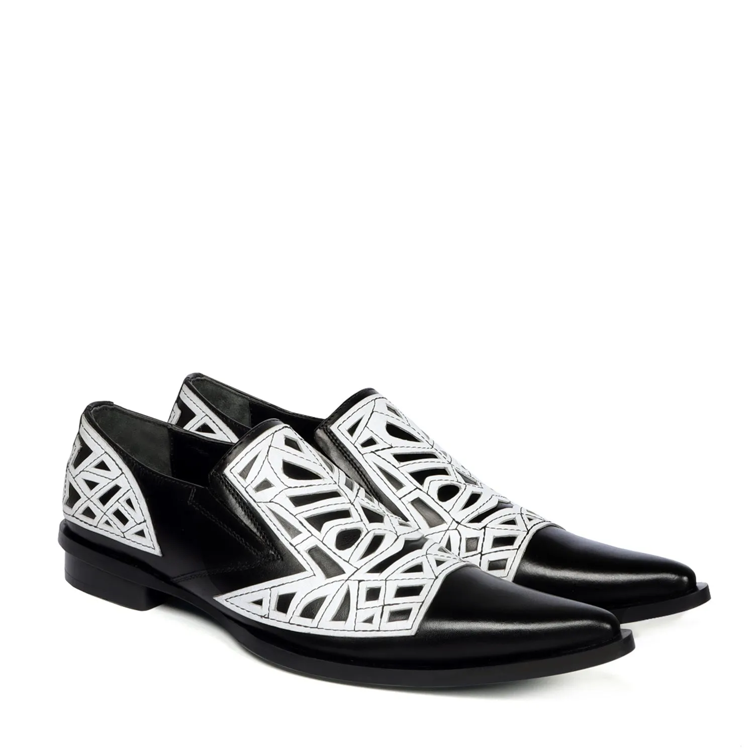 Black & White Leather Cowboy Western Style Formal Slip-on