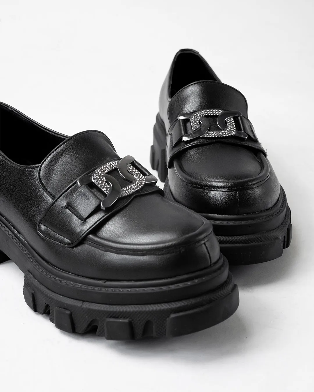 Chunky Buckle Detail Black Loafers