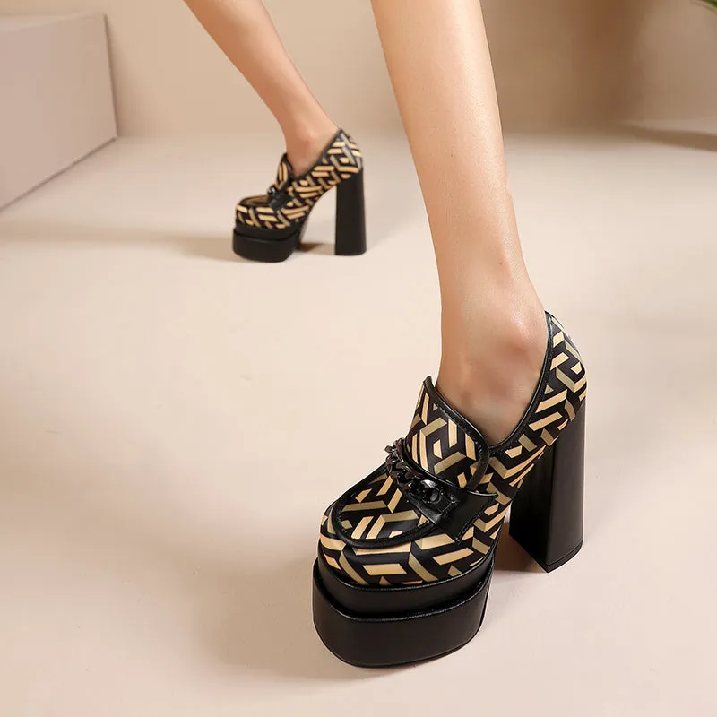 Chunky High Heels Pumps Platform Loafer Shoes for Women