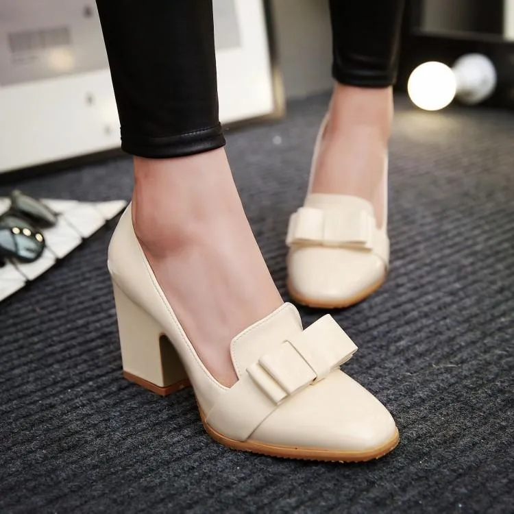 Chunky High Heelss Bow Shallow Toe Women Chunky Pumps Shoes Woman