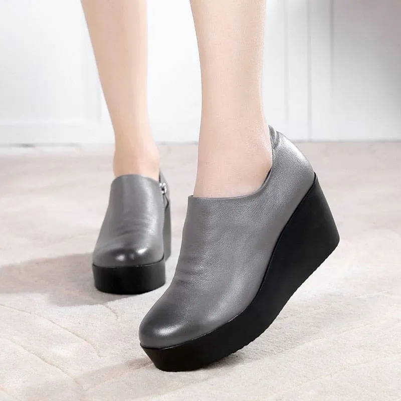 Genuine Leather Round Toe Casual Ladies Platform High Heels