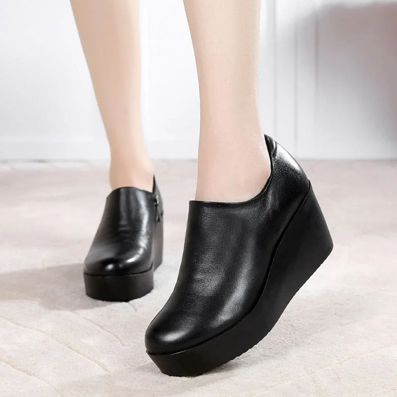 Genuine Leather Round Toe Casual Ladies Platform High Heels