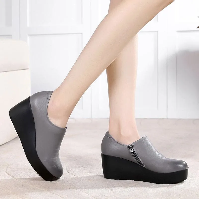 Genuine Leather Round Toe Casual Ladies Platform High Heels