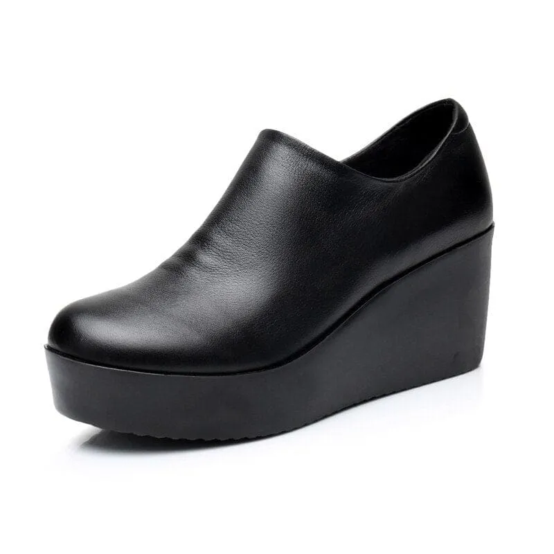 Genuine Leather Round Toe Casual Ladies Platform High Heels