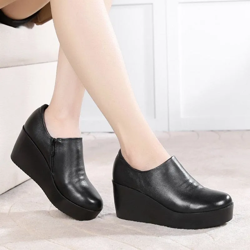 Genuine Leather Round Toe Casual Ladies Platform High Heels