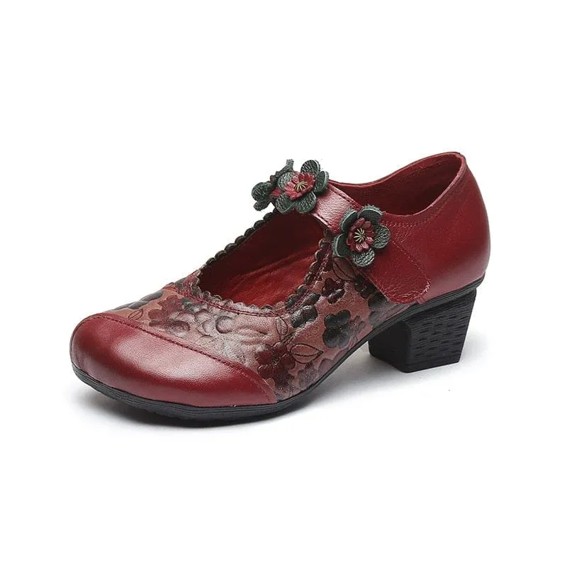 Genuine Leather Round Toe Women Thick Heel Flowers Handmade Shoes