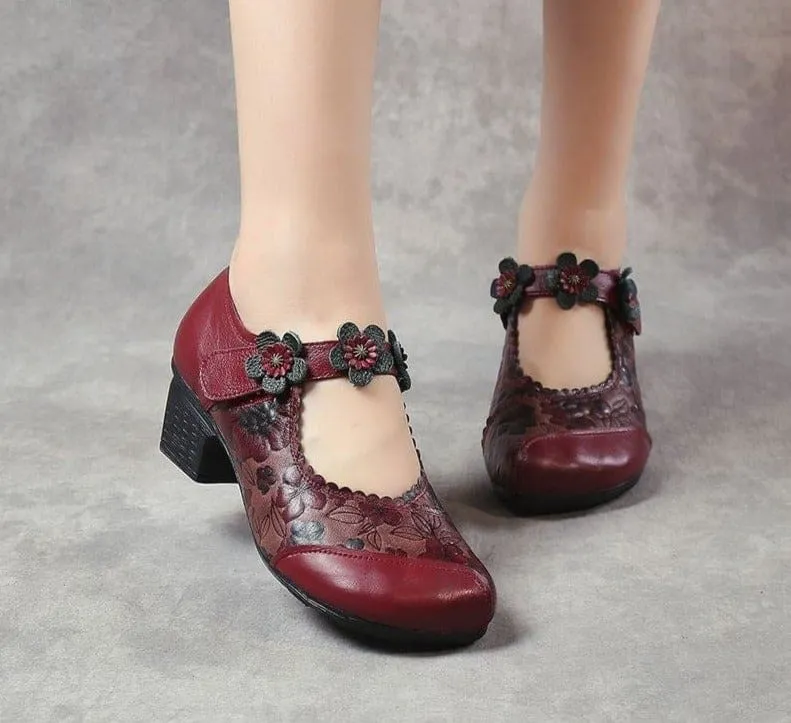 Genuine Leather Round Toe Women Thick Heel Flowers Handmade Shoes