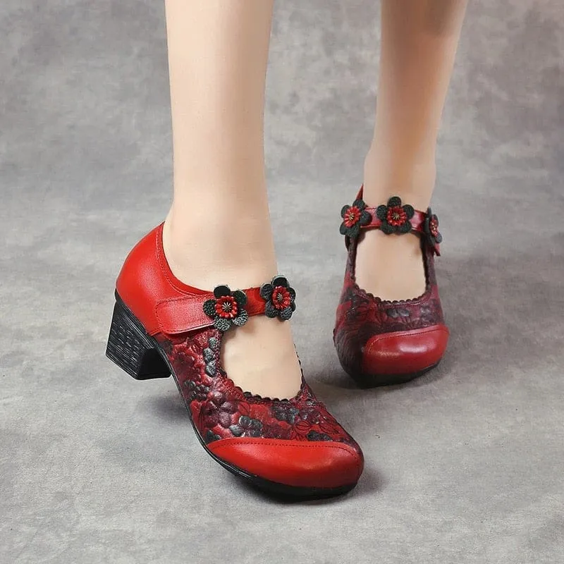 Genuine Leather Round Toe Women Thick Heel Flowers Handmade Shoes