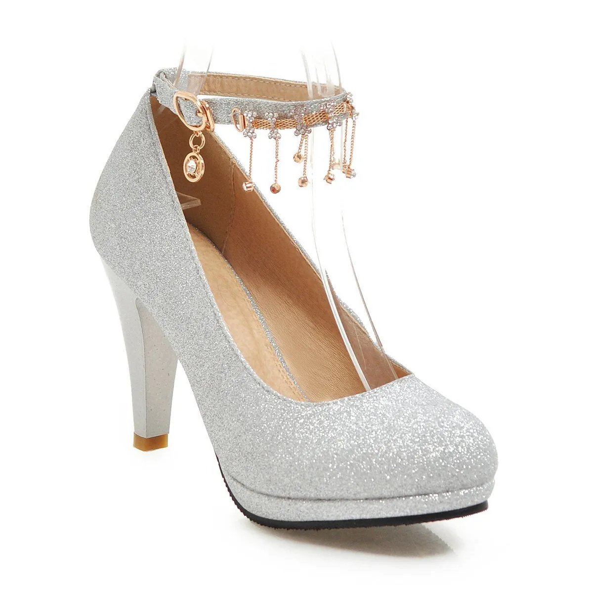 Girls's Round Head Rhinestone High Heeled Chunky Pumps