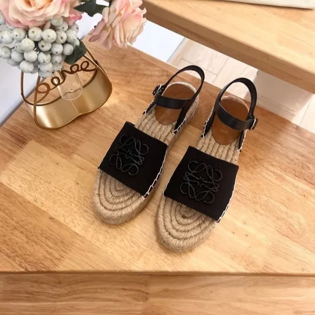 Loew Anagram Black Beige Leather And Canvas Espadrille Sandals