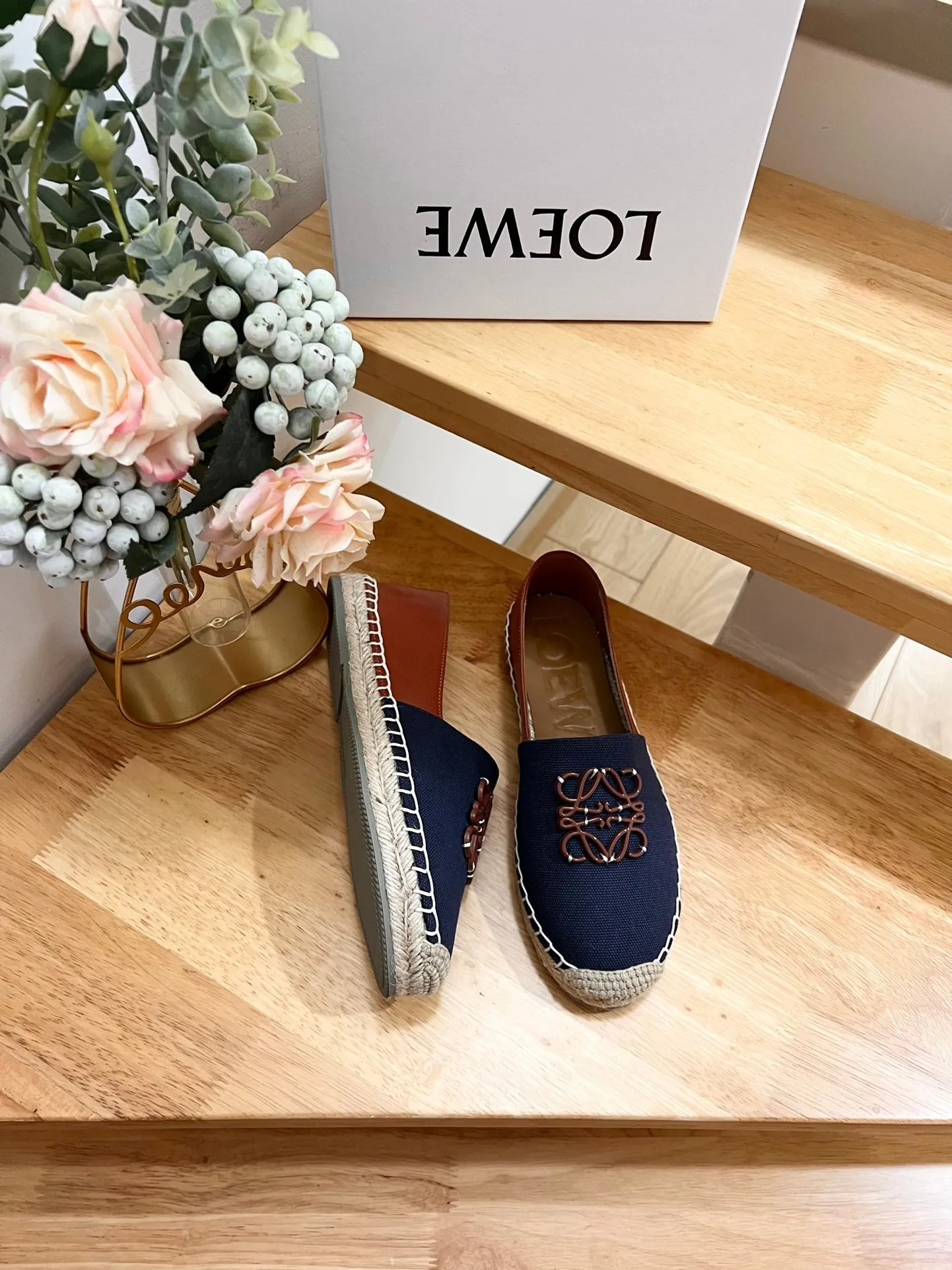 Loew Anagram Espadrille Denim Brown Leather and Canvas