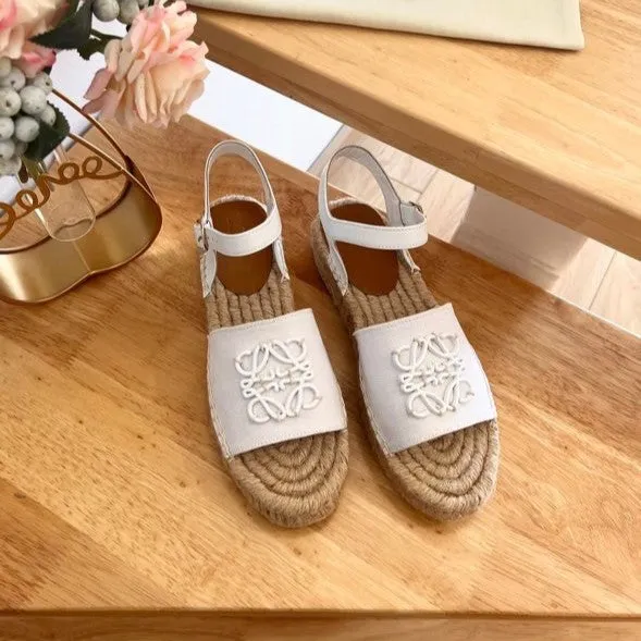 Loew Anagram White Beige Leather And Canvas Espadrille Sandals