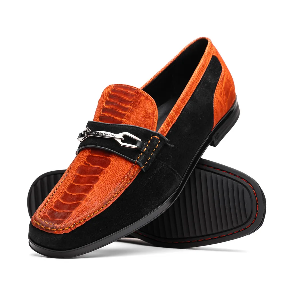 Marco Di Milano Hugo Men's Shoes Orange & Black Suede / Ostrich Leg Horsebit Loafers (MDM1059)