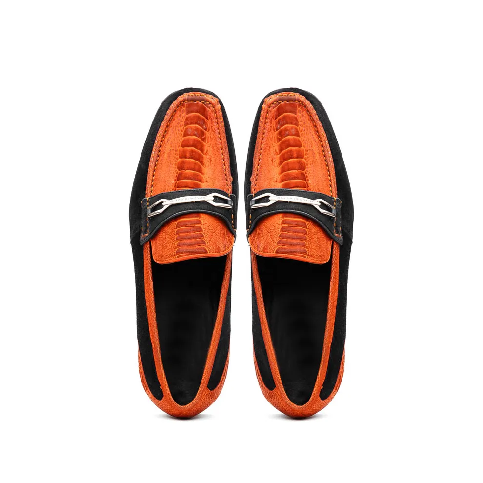 Marco Di Milano Hugo Men's Shoes Orange & Black Suede / Ostrich Leg Horsebit Loafers (MDM1059)