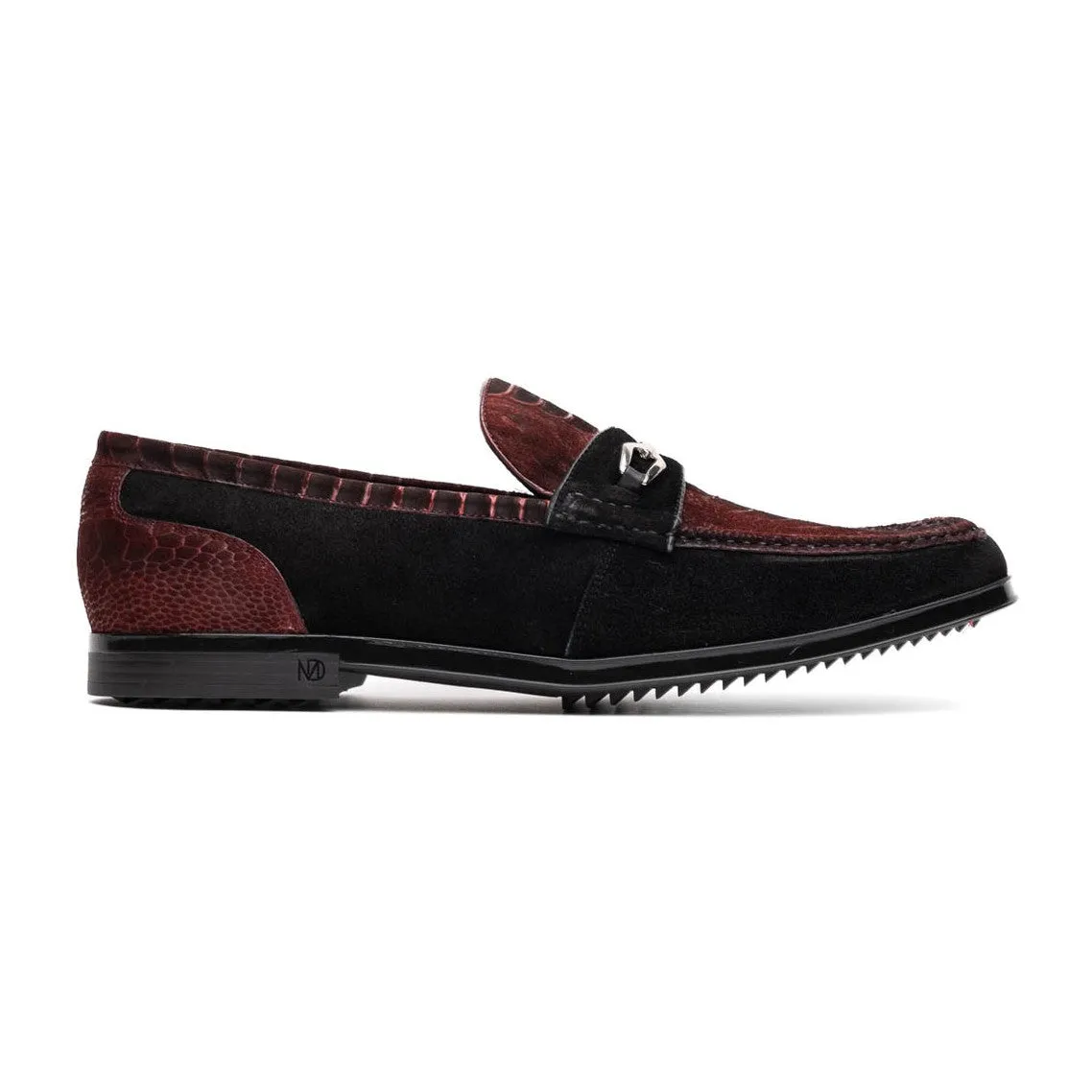 Marco Di Milano Hugo Men's Shoes Wine & Black Suede / Ostrich Leg Horsebit Loafers (MDM1056)