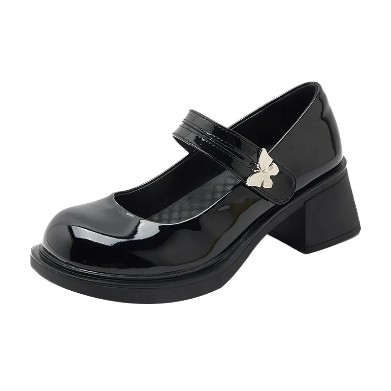 Patent Leather Mary Jane Heels Butterfly Metal Buckle Embellishment