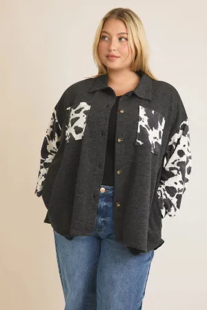 Plus Size Boyfriend Fit Washed Cow Print Shirt Jacket