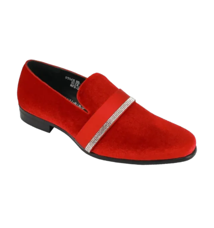 Red velvet slip on men's shoes luxury loafer with diamonds stone