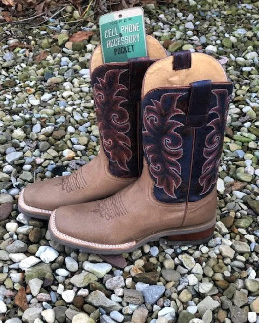 Roper Women's Rough Rider Brown & Bitone Navy Square Toe Cowgirl Boots 8622-0901