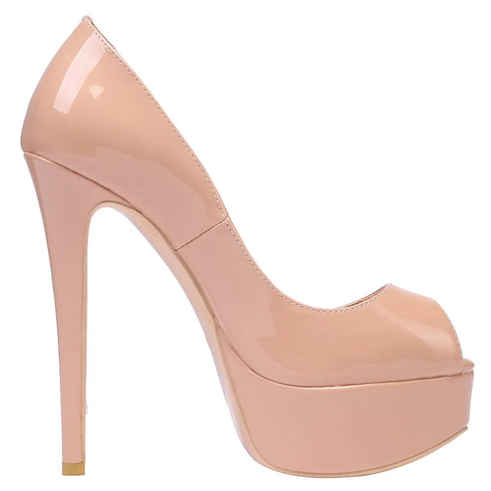 Women Sexy Nude Patent Pumps 14cm Peep-toe Party High Heels with platform