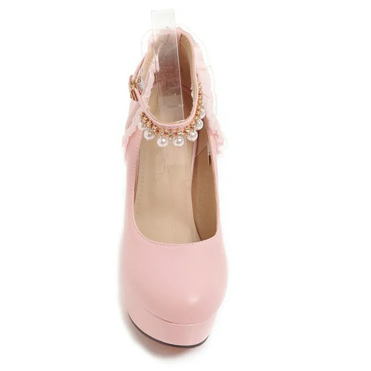 Women's Ankle Strap Rhinestone Pearl Chunky Heel Platform Pumps