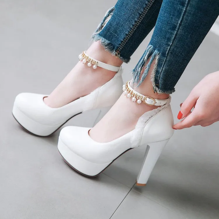 Women's Ankle Strap Rhinestone Pearl Chunky Heel Platform Pumps