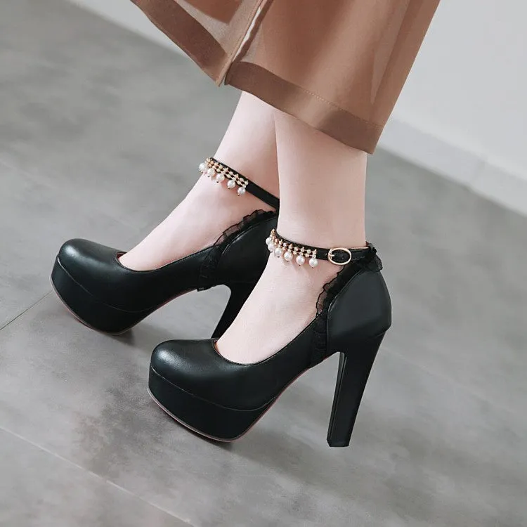 Women's Ankle Strap Rhinestone Pearl Chunky Heel Platform Pumps