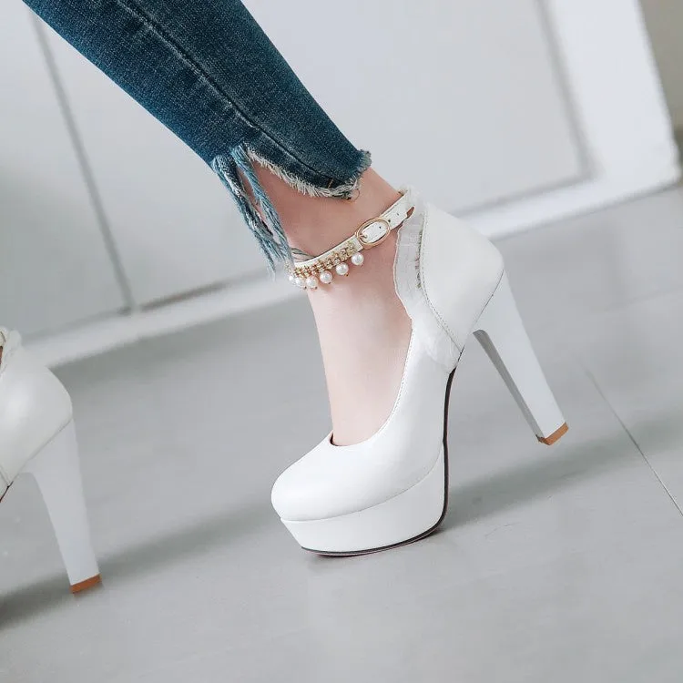 Women's Ankle Strap Rhinestone Pearl Chunky Heel Platform Pumps