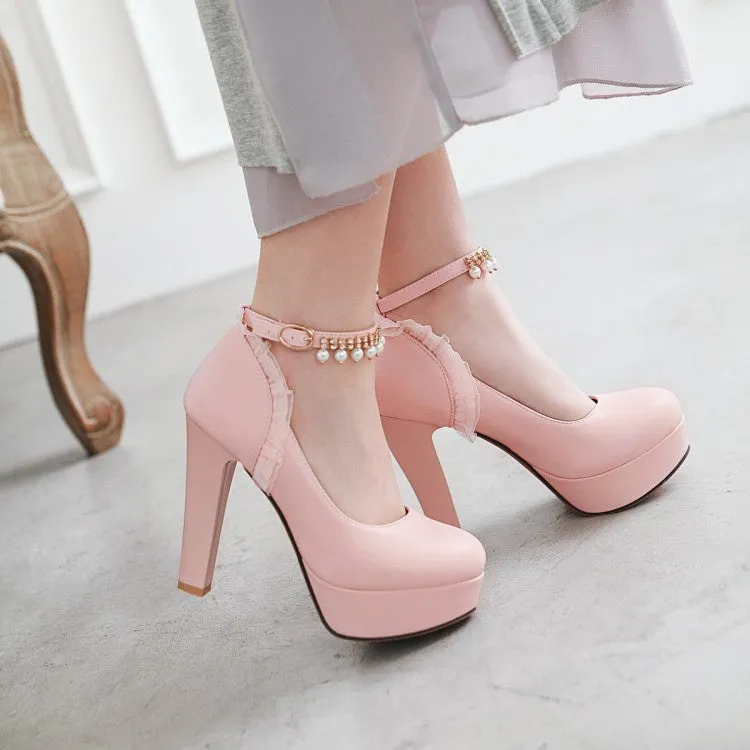 Women's Ankle Strap Rhinestone Pearl Chunky Heel Platform Pumps