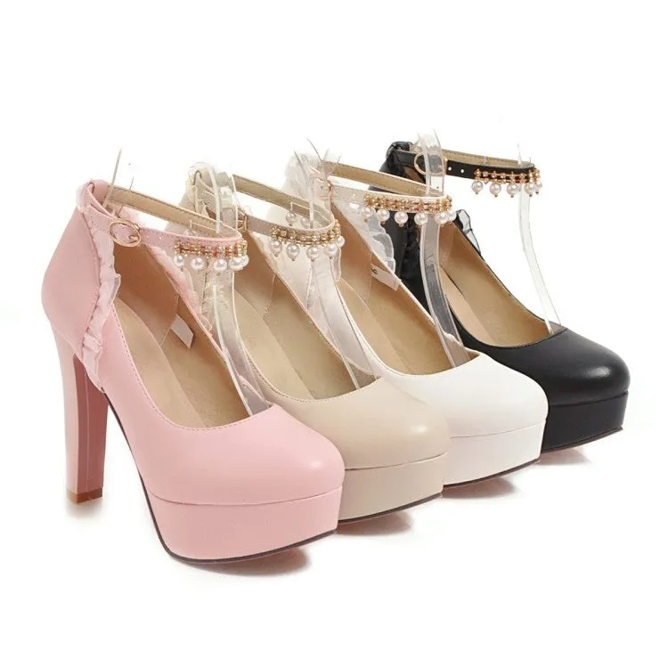 Women's Ankle Strap Rhinestone Pearl Chunky Heel Platform Pumps