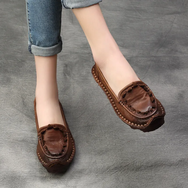 Womens Handmade Retro Leather Loafers Flat Shoes