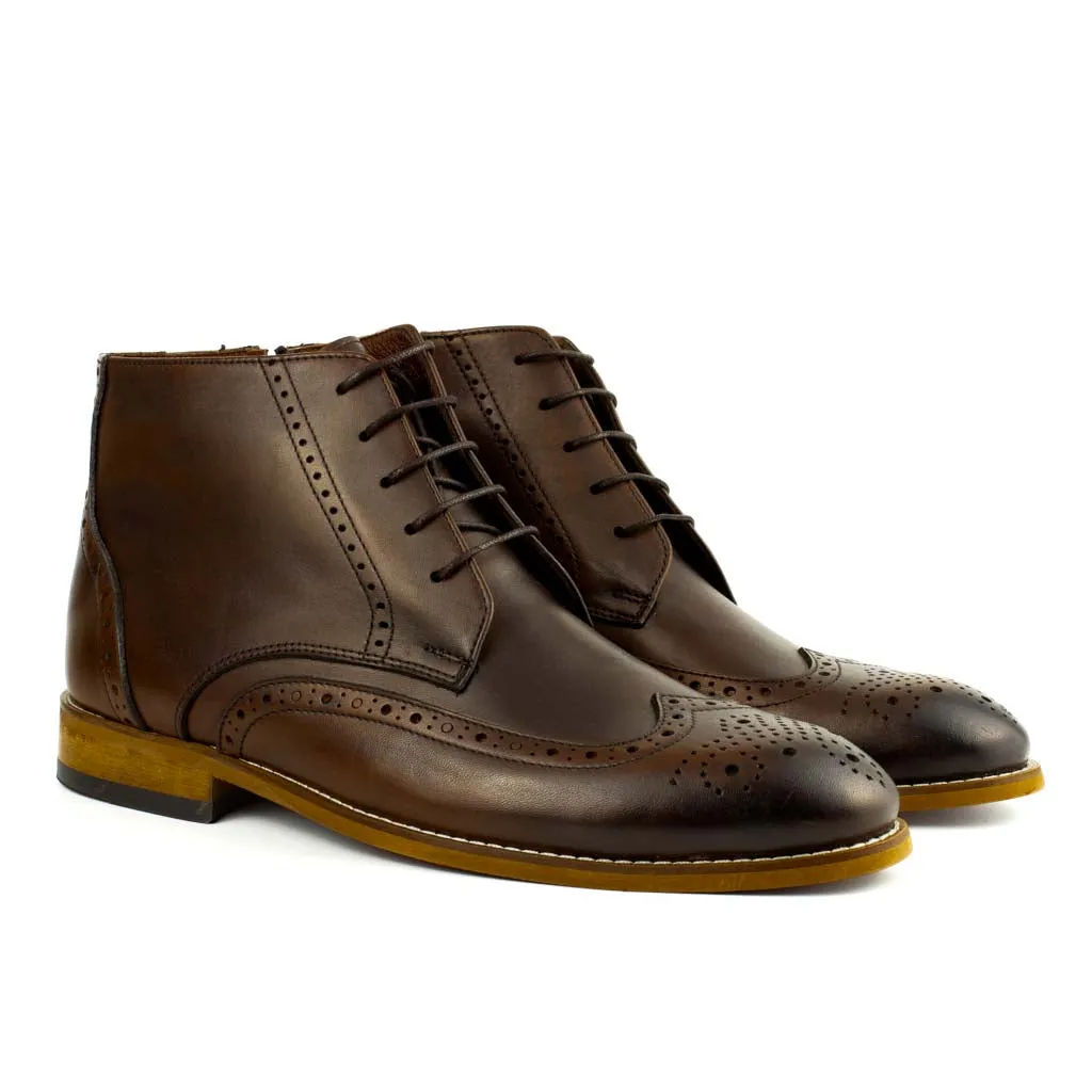 Zanni Tobacco Men's Genuine Leather Wingtip Lace-Up Boots